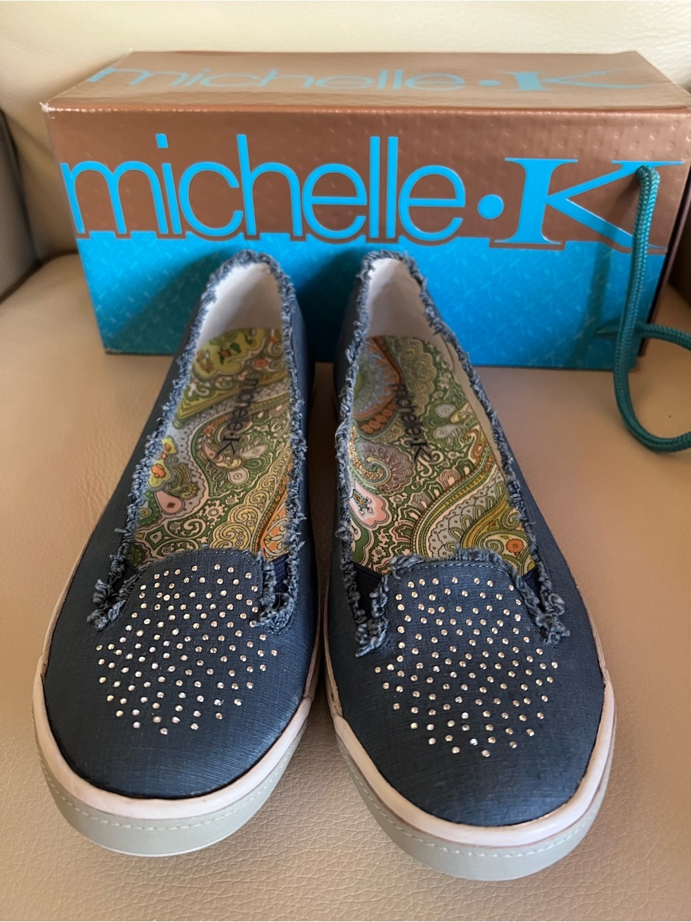 Vintage Deadstock Michelle K Enthrall Karin Navy Rhinestone Slip-Ons 9.5